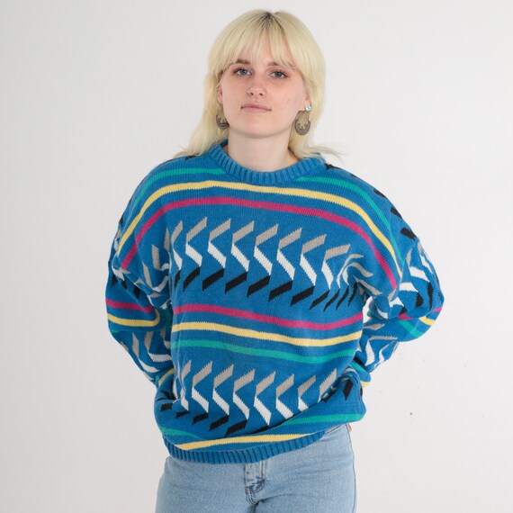90s Sweater Blue Striped Pullover Knit Sweater Chevron Print Crewneck Pink Yellow Green White Black Beige Cotton Ramie Vintage 1990s Large L