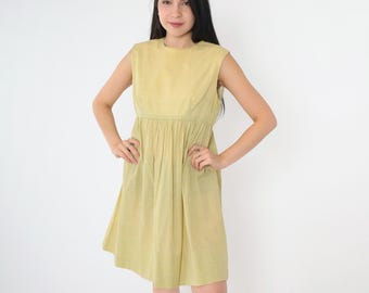 1960s Gingham Dress Vintage Mini Yellow Cottagecore 60s Sleeveless Checkered Babydoll Sixties Empire Waist Mid Century Small Medium