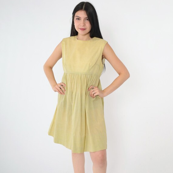 1960s Gingham Dress Vintage Mini Yellow Cottagecore 60s Sleeveless Checkered Babydoll Sixties Empire Waist Mid Century Small Medium