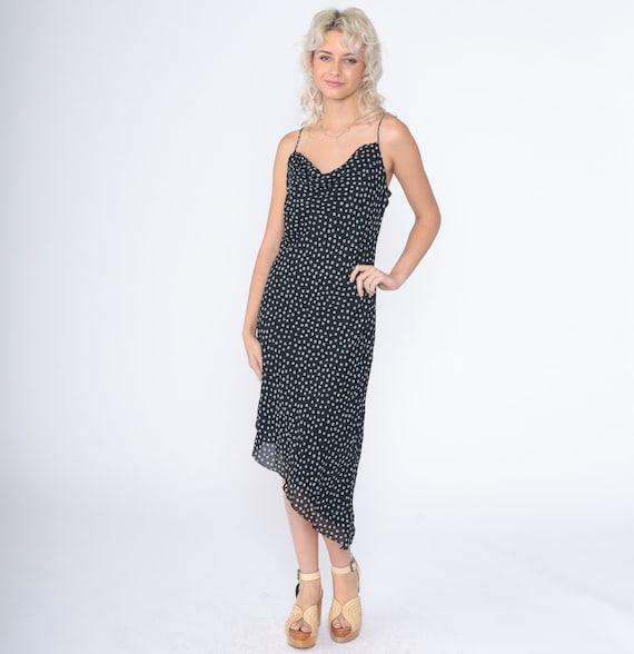 Asymmetrical Hem Dress 90s Midi Dress Black White Ring Dot Print Cowl Neck Sleeveless Party Cocktail Evening Vintage 1990s Kathy Lee Medium