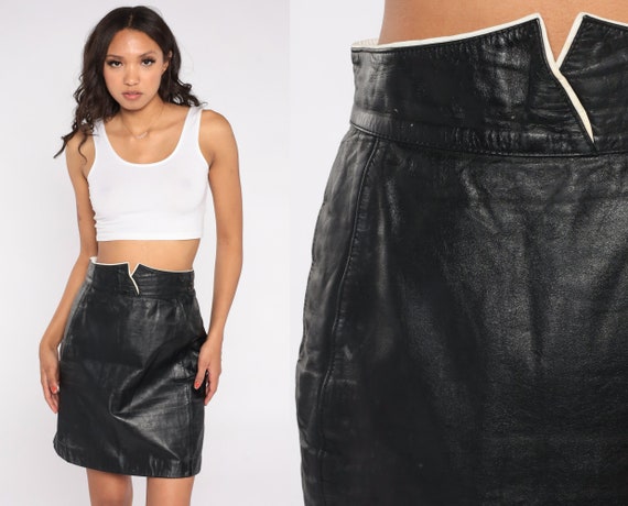 Black Leather Skirt 90s Mini Skirt High Waisted Pencil Wiggle Skirt Notched Waist Rocker Sexy Party Glam White Trim Vintage 1990s Small S