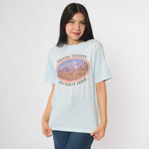 Grand Tetons T Shirt Vintage 80s Jackson Hole Light Blue Mountain Scene National Park Souvenir Tee Soft Thin Large L