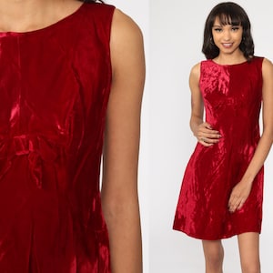 60s Velvet Dress Red Shift Mod Mini Party Cocktail BOW Dress Holiday 1960s Vintage Empire Waist Sleeveless MiniDress Prom Small S