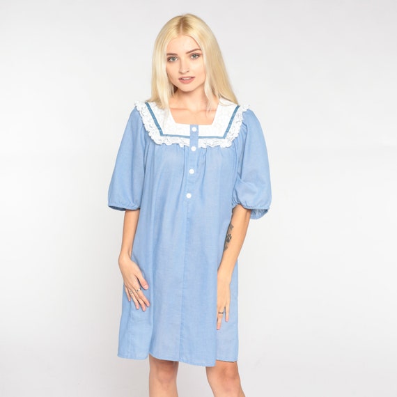 Vintage Hawaiian Blue Tent Dress 90s Lace Bib Mini Dress Puff Sleeve Ruffled Lounge Dress Retro Hippie Summer Trapeze Button up 1990s Small