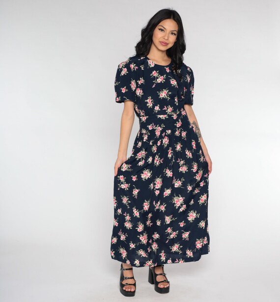 Navy Floral Dress 90s Grunge Dress Blue Maxi Ankle Length Pink Flower 80s Empire Waist Button Back Short Sleeve Dress Vintage 1990s Small S