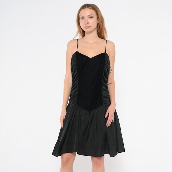 90s Velvet Party Dress Bodice Drop Waist Black Spaghetti Strap Satin Lace Back Sweetheart Neckline Cocktail Gathered Skirt Evening Large L