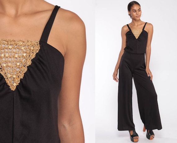 Black Bell Bottom Jumpsuit 70s Boho Jumpsuit Wide… - image 1