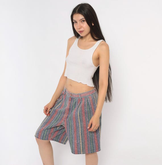 Striped Denim Shorts 90s St Johns Bay Multicolor Vertical Stripe Cotton Jean High Waisted Relaxed Fit Baggy Summer Preppy Vintage 36 Large L