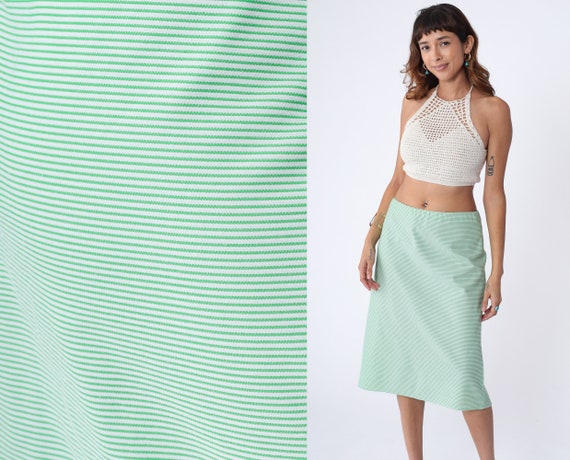 70s Midi Skirt Striped Green White Skirt Mod Hippie High Elastic Waist Straight Polyester Boho Skirt 1970s Bohemian Vintage Large L