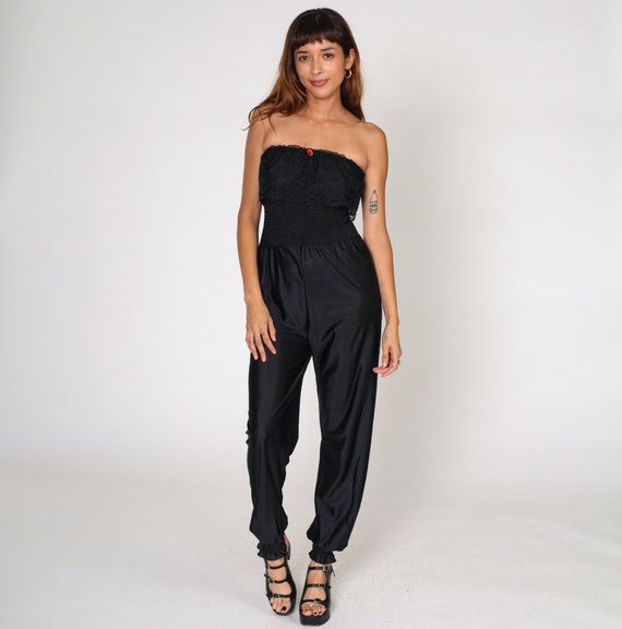 Black Lingerie Jumpsuit 80s Strapless Smocked Lace Romper Pants High Waisted Retro Sexy Romantic Nylon Genie Vintage 1980s Extra Small xs