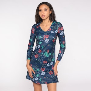 70s Floral Mini Dress Mod Navy Blue Flower Garden Print V Neck Fit and Flare Hippie Boho Long Sleeve Vintage 1970s Bohemian Skater Small S