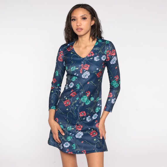 70s Floral Mini Dress Mod Navy Blue Flower Garden Print V Neck Fit and Flare Hippie Boho Long Sleeve Vintage 1970s Bohemian Skater Small S