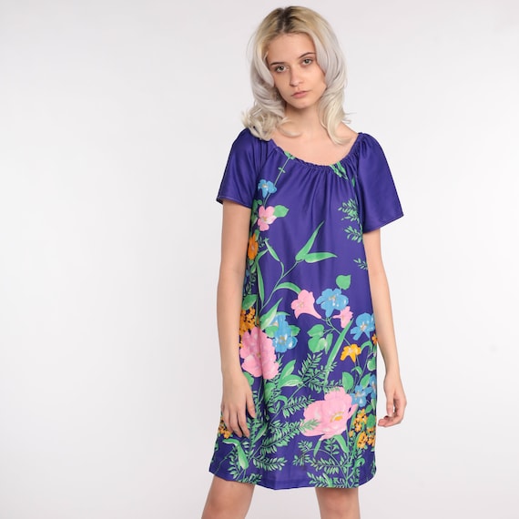Floral Tent Dress 70s Tropical Bohemian Mini Hawaiian Dress Vintage Tent Tunic Trapeze Hippie Summer Short Sleeve Medium Large