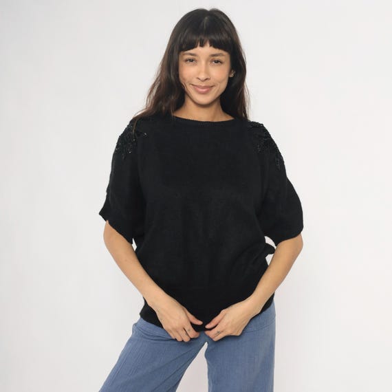 Beaded Black Sweater Top 90s Sequin Shoulder Knit Embellished Crew Neck Pullover Vintage Party Evening Cocktail Statement Dressy Medium M