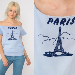 80s Paris Sweatshirt Baby Blue Raw Off Shoulder Eiffel Tower France Graphic Destination Shirt Short Sleeve Vintage 1980s Extra Small xs