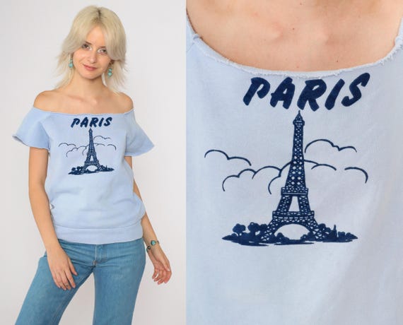80s Paris Sweatshirt Baby Blue Raw Off Shoulder Eiffel Tower France Graphic Destination Shirt Short Sleeve Vintage 1980s Extra Small xs