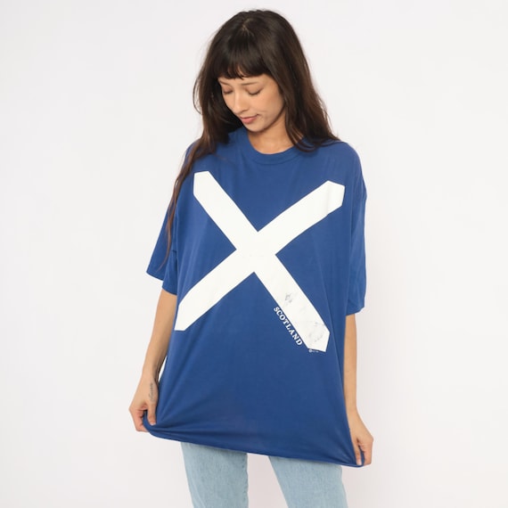 Scotland Saltire Flag Tee 90s Blue White Cross Graphic Cotton Souvenir Tourist Travel Cobalt Navy Boxy Fit Vintage Shirt Extra Large XL