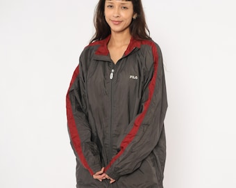 Y2k Fila Windbreaker Grey Burgundy Color Block Zip Front Jacket Charcoal Striped Athletic Sportswear Streetwear Track Coat Unisex Large L