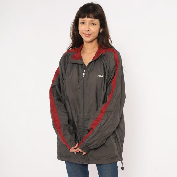 Y2k Fila Windbreaker Grey Burgundy Color Block Zip Front Jacket Charcoal Striped Athletic Sportswear Streetwear Track Coat Unisex Large L