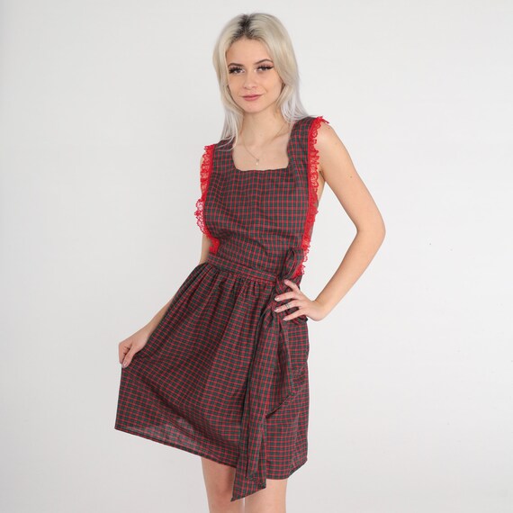 70s Apron Dress Red Plaid Open Back Diner Uniform Lace Seventies Pinafore Sleeveless Jumper Dress Green Tartan Vintage 1970s Small Medium
