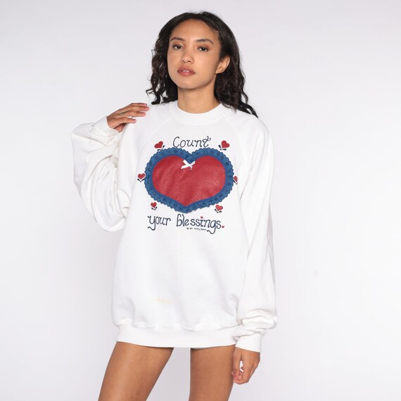 Heart Sweatshirt Count Your Blessings Sweater 80s… - image 4