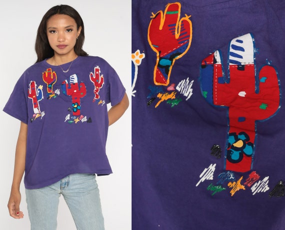 90s Cactus Shirt Purple Southwest SAGUARO Tee Vintage Painted Retro T Shirt Desert Tee Graphic Print 1990s Southwestern Small Medium Large