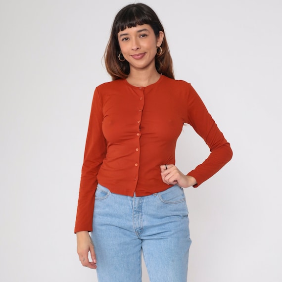 Morgan De Toi Blouse Y2k Rust Orange Button Up Shirt Plain Simple Long Sleeve Collarless Top Fitted Basic Vintage 00s Extra Small xs