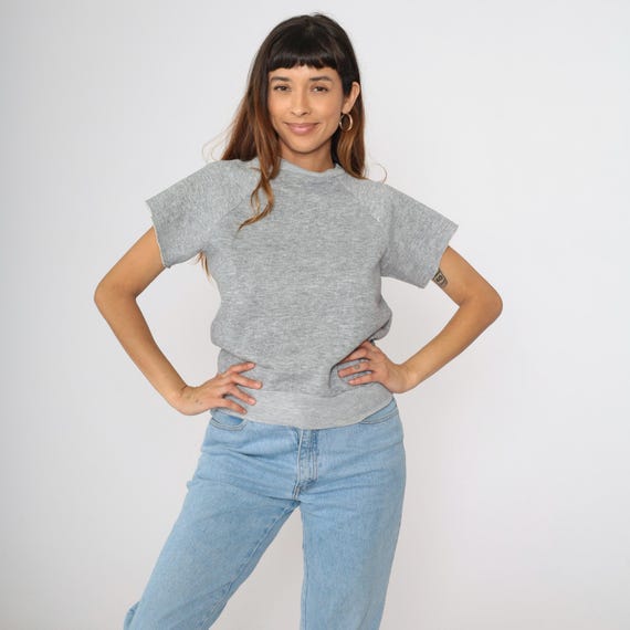 Vintage Grey Short Sleeve Sweatshirt 80s Plain Cut Off Shirt Slouchy Sweatshirt Raglan Sleeve Retro 1980s Top Sports Normcore Small S