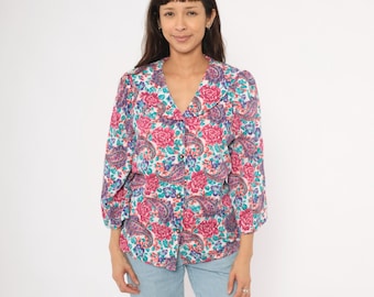 Floral Paisley Blouse 90s Worthington  Wide Collar Pink Teal Purple Rose Print Three Quarter Sleeve Shirt White Puff Shoulder Women Large L