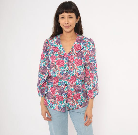 Floral Paisley Blouse 90s Worthington  Wide Collar Pink Teal Purple Rose Print Three Quarter Sleeve Shirt White Puff Shoulder Women Large L