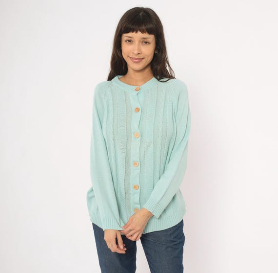 Cable Knit Cardigan 80s Seafoam Sweater Mint Green Pastel Aqua Crewneck Top Vintage Grandpacore Light Academia Preppy Nerdy Knitted Medium M