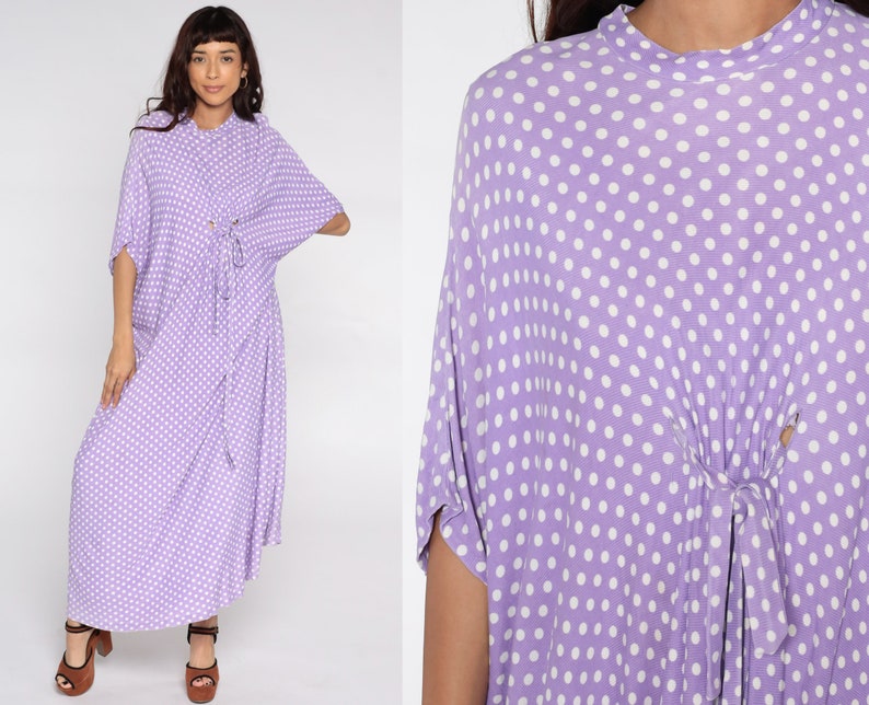 Hippie Caftan Dress 70s Maxi Boho Tent Purple Polka Dot Cocoon Dress 1970s Kimono Sleeve Bohemian Vintage Festival Small Medium Large xl image 1