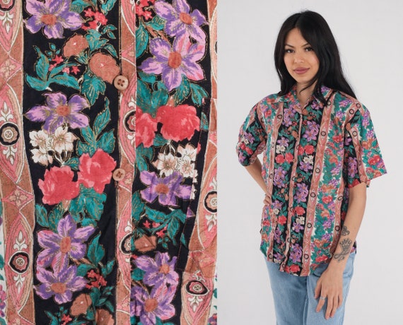 Striped Floral Shirt 90s Button up Blouse Retro Summer Top Short Sleeve Flower Fruit Medallion Print Bohemian Cotton 1990s Vintage Small S