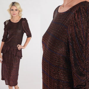 70s Disco Dress Metallic Party Dress Semi-Sheer Sparkly Peplum Cocktail Midi Dress Puff Sleeve Evening Formal Glam Vintage 1970s Small S