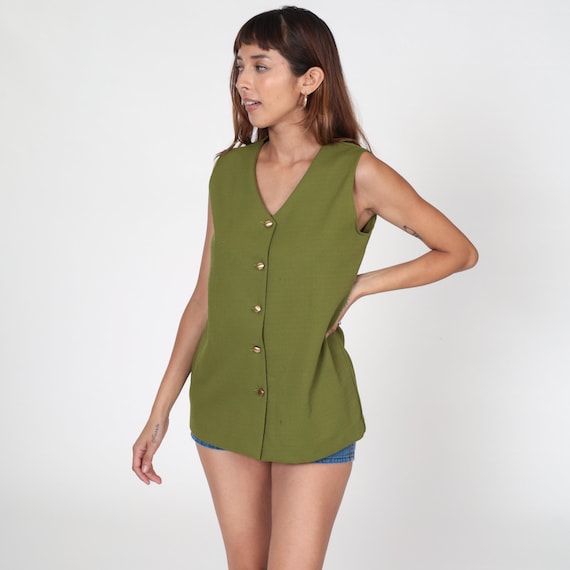 Olive Tank Top 70s Blouse Green V Neck Shirt Retro Button Up Boho Shirt Sleeveless Blouse Vintage Bohemian 1970s Plain Small Medium
