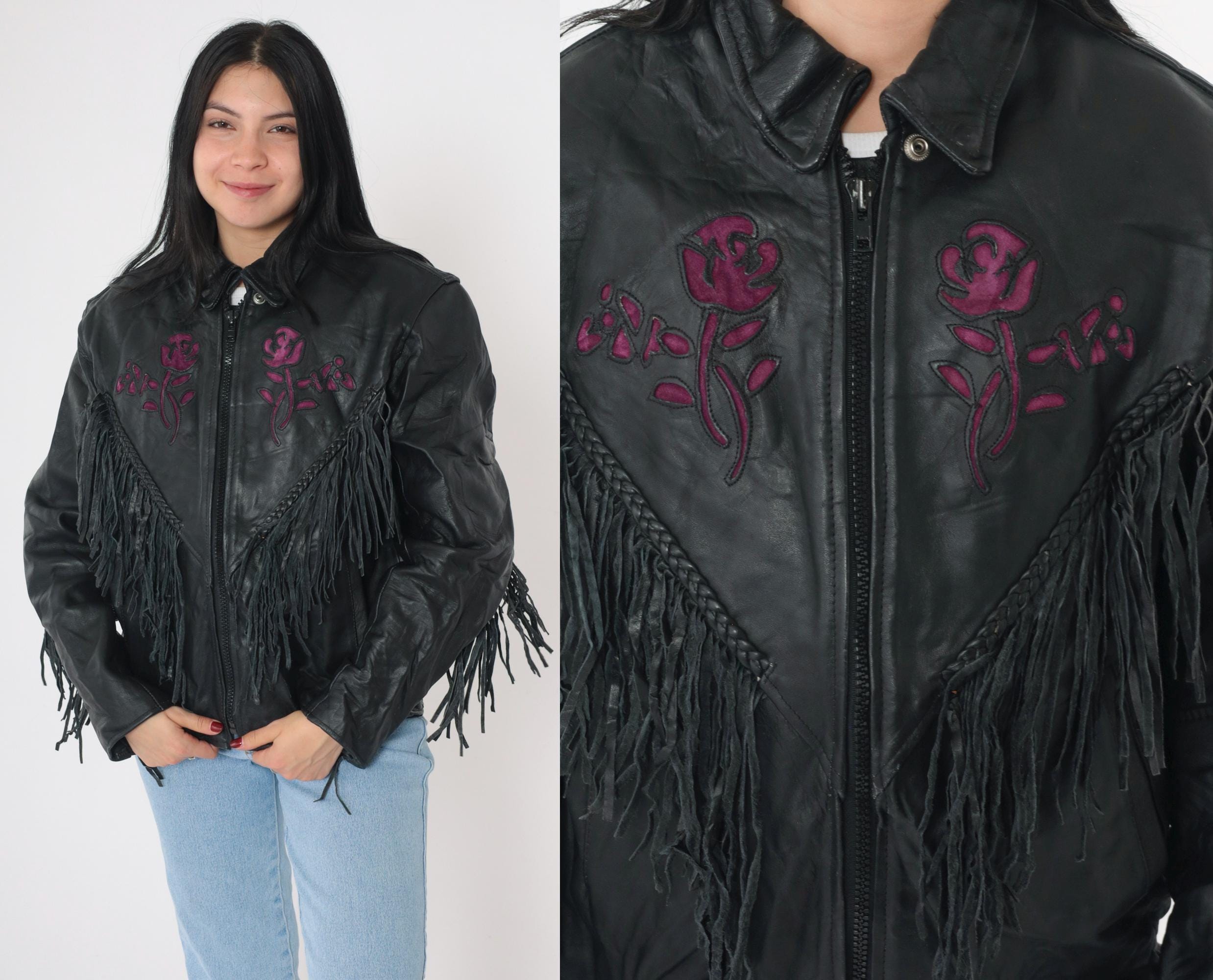 Vintage 90s Leather Fringe Jacket Black Floral Purple Suede Vintage 90s Leather Fringe Jacket Black Floral Purple Suede
