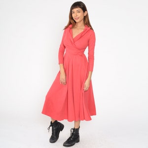 Coral Wrap Dress 90s Midi Dress Deep V Neck Pink Jersey High Waist Long Sleeve Surplice Neckline Plain Retro Party Vintage 1990s Small S image 4