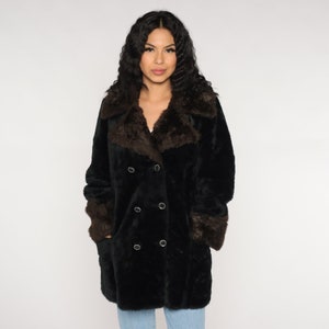Faux Fur Coat 70s Black Dark Brown Fake Fur Jacket Double Breasted Button up Collared Retro Glam Rock Winter Seventies Vintage 1970s Small S