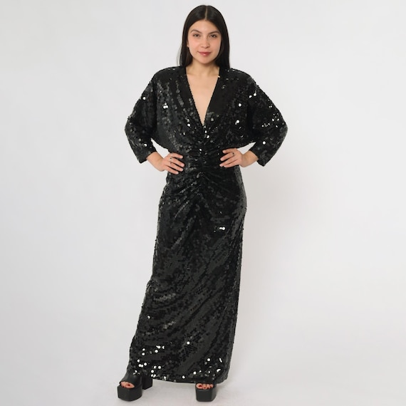 80s Oleg Cassini Sequin Party Gown Black  Plunge V Neck Evening Dress Long Sleeve Formal Open Back Cocktail Embellished Size 10 Medium M