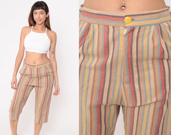 70s Striped Capri Pants Cropped Pants High Waisted Pants Retro Hippie Flares Boho Trousers Tan Red Blue Yellow Vintage 1970s Small S