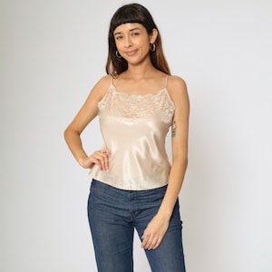 Champagne Satin Camisole 80s Lace Cami Lingerie Tank Top Spaghetti Strap Romantic Sleep Shirt Vintage 1980s Small S