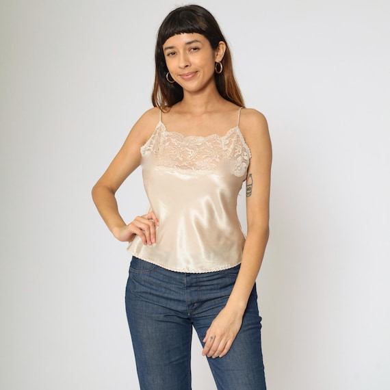 Champagne Satin Camisole 80s Lace Cami Lingerie Tank Top Spaghetti Strap Romantic Sleep Shirt Vintage 1980s Small S