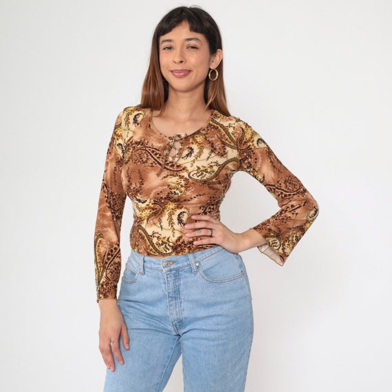 Y2K Paisley Top Keyhole Blouse 90s Scoop Neckline Long Bell Sleeve Shirt Going Out Blouse Hippie Vintage 00s Brown Stretchy Tight Small