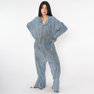 Vintage Workwear Coveralls 60s Herringbone Denim WW Corp Mid-States Patch Distressed Boilersuit Ed Name Tag 1960s Grunge Worn Men&#39;s 48 xl