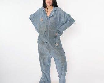 Vintage Workwear Coveralls 60s Herringbone Denim WW Corp Mid-States Patch Distressed Boilersuit Ed Name Tag 1960s Grunge Worn Men's 48 xl