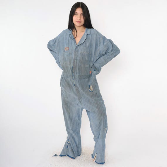 Vintage Workwear Coveralls 60s Herringbone Denim WW Corp Mid-States Patch Distressed Boilersuit Ed Name Tag 1960s Grunge Worn Men's 48 xl