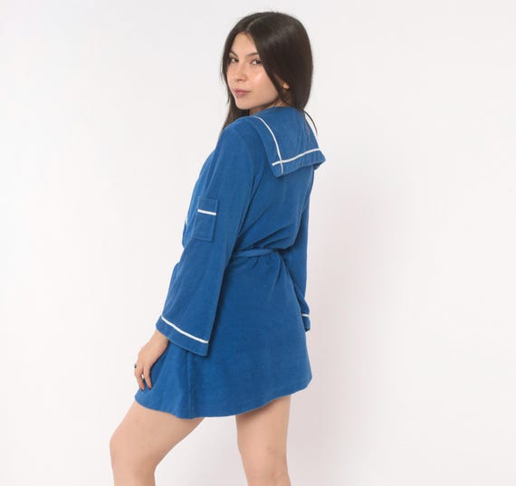 70s Sailor Collar Blue Mini Terry Cloth Robe White Piping Bathrobe Kimono Style Sleeve Coverup Spa Housecoat Lounge Vintage Deena Medium M