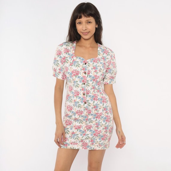 90s Floral Mini Dress Sweetheart Neckline Puff Sleeve Cotton Pink Blue Garden Short Summer Spring Cottagecore Flower Prairie Vintage Small S