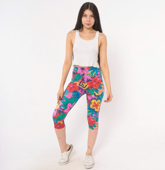 90s Tropical Floral Capri Leggings Pink Teal High Waist Stretch Pants Hibiscus Cycling Shorts Flower Power Workout Bottoms Extra Small XS