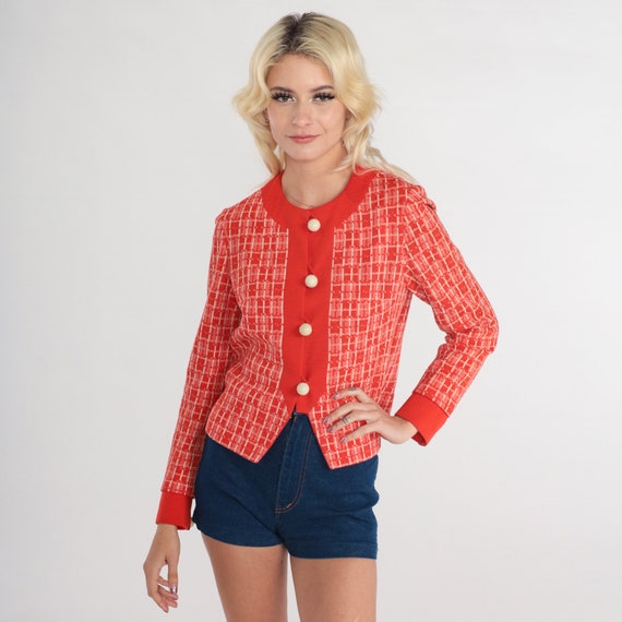 Red Checkered Blazer Jacket 60s Wool Button up Jacket Mod Jackie O Preppy Mad Men Suit Jacket Vintage 1960s Pierre Delaneau Extra Small xs
